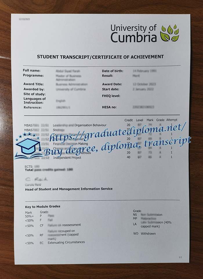 University of Cumbria transcript