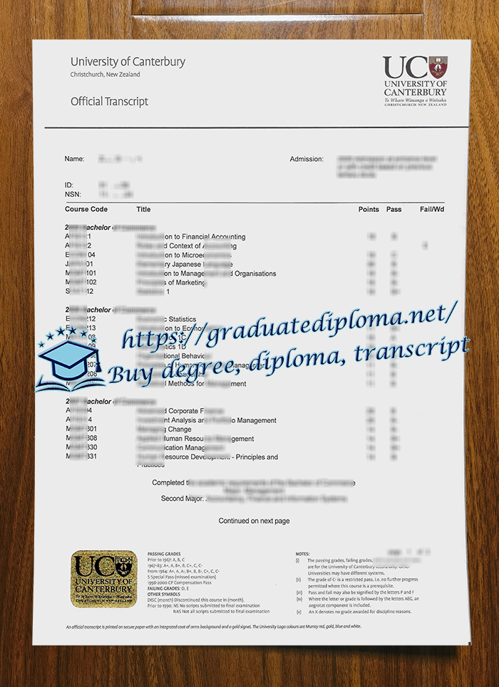 University of Canterbury transcript